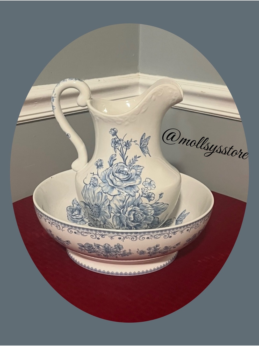 🩷 New Pioneer Woman Agatha Blue Butterfly & Floral Design Pitcher & Bowl Set
